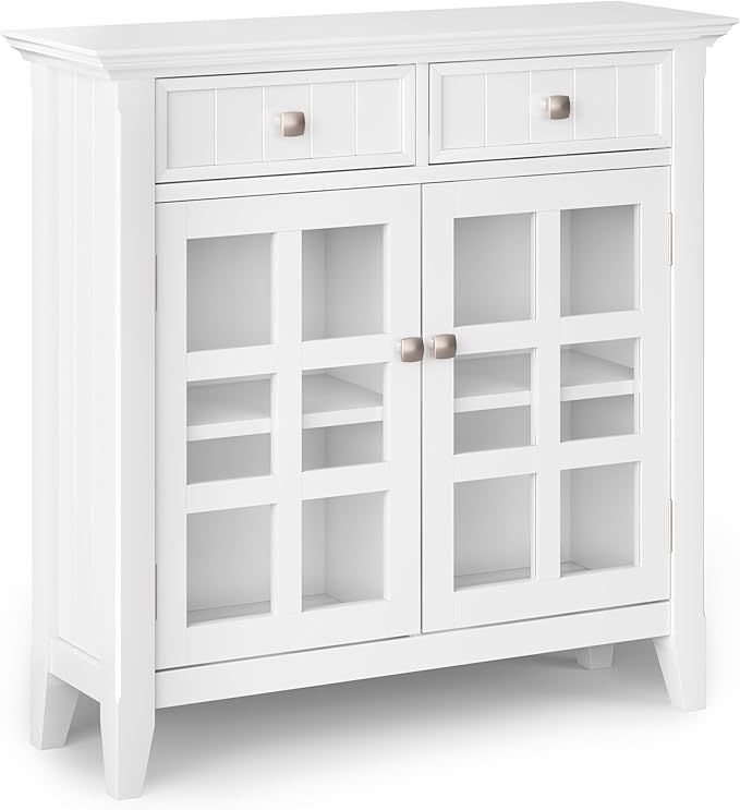 SIMPLIHOME Acadian Solid Wood 48 inch Wide Storage Bench that Seats 2 and 36 inch Wide Storage Cabinet in White for the Living Room, Entryway, and Family Room, Transitional Style