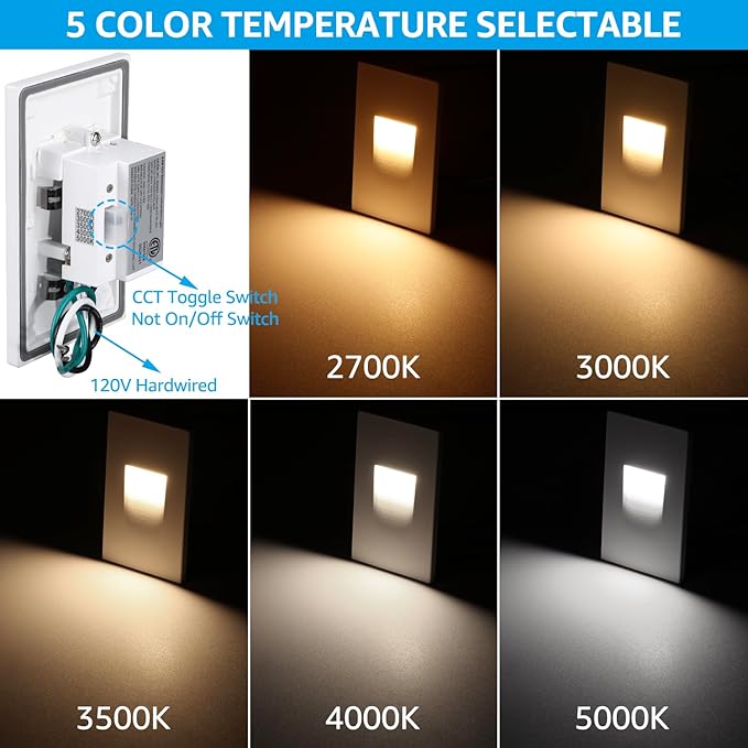 LEONLITE 12-Pack Premium Series 5CCT 120V LED Step Lights, Dimmable 3.5W Indoor Outdoor Stair Light, 2700K3000K3500K4000K5000K Selectable, CRI90, ETL, Vertical, IP65 Waterproof, Aluminum, White