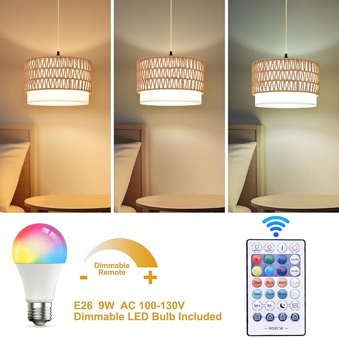 Hanging Lamp Plug in Pendant Light, 15FT Hanging Lights with Plug in Cord, Hanging Light with Bulb and Remote, Hanging Lamps for Bedroom, Living Room, Kitchen, Farmhouse