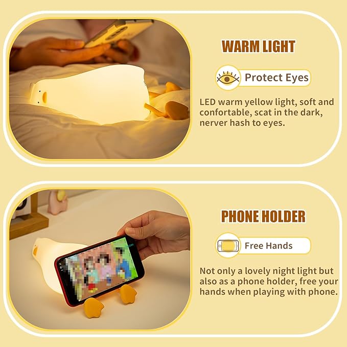 Lying Flat Duck Night Light, Cute Silicone Light Up Duck, 3 Level Dimmable Nursery Nightlight, LED Duck Lamp, Rechargeable Bedside Touch Lamp for Breastfeeding Toddler Baby Kids Decor