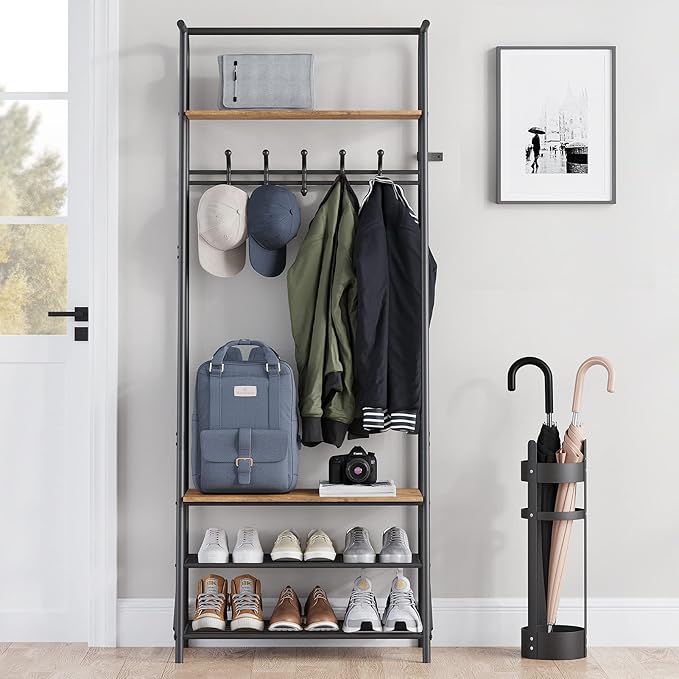 4-in-1 Hall Tree Coat Rack with Shoe Storage Bench & 5 Hooks – Entryway Organizer, Metal Frame, Wood Look Furniture for Entryway, Living Room, Bedroom – Single Row Hook, 60cm Wide