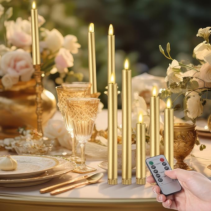 10 Pcs Flameless Taper Candles with Remote Battery Operated Taper Candles Include 6.5'' 7.7" 8.9" 10" 11.2" Fake LED Electric Candle Sticks for Valentine's Day Home Wedding Decor (Gold)