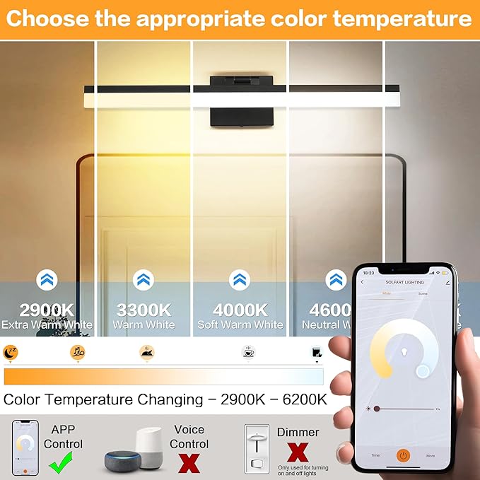 SOLFART Black Bathroom Light Fixtures Vanity Light Modern Bathroom Lights Over Mirror Led Lights for Bath 23.6 Inch APP Control Adjustable Color Temperature Dimmable Vanity Led Lights