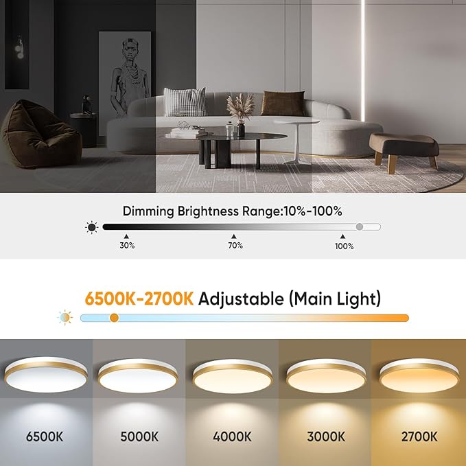 18 Inch Flush Mount Ceiling Light with Remote Control & Night Light, 5CCT Dimmable Ceiling Light Fixture, 43W 4300LM 2700K-6500K Adjustable LED Ceiling Lights for Bedroom Kitchen, White Gold