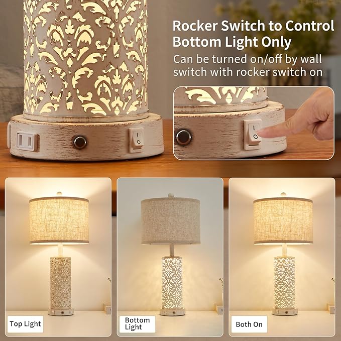 26" Farmhouse Table Lamp Dual Light, 3-Way Dimmable Touch Lamps, Rustic Nightstand Bedside Lamps with 2 USB Ports + AC Outlet, Modern Nightlight for Living Room Bedroom and Nightstand