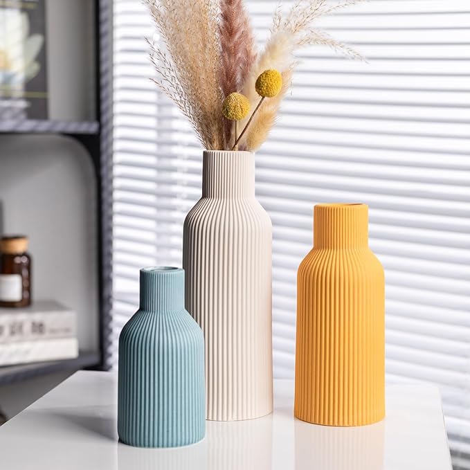 Colorful Ceramic Vases Set of 3 (White, Yellow, Blue) - Modern Matte Ribbed Color-Block Vases for Dried Flowers - Scandi Boho Decor Centerpieces for Living Room & Shelf