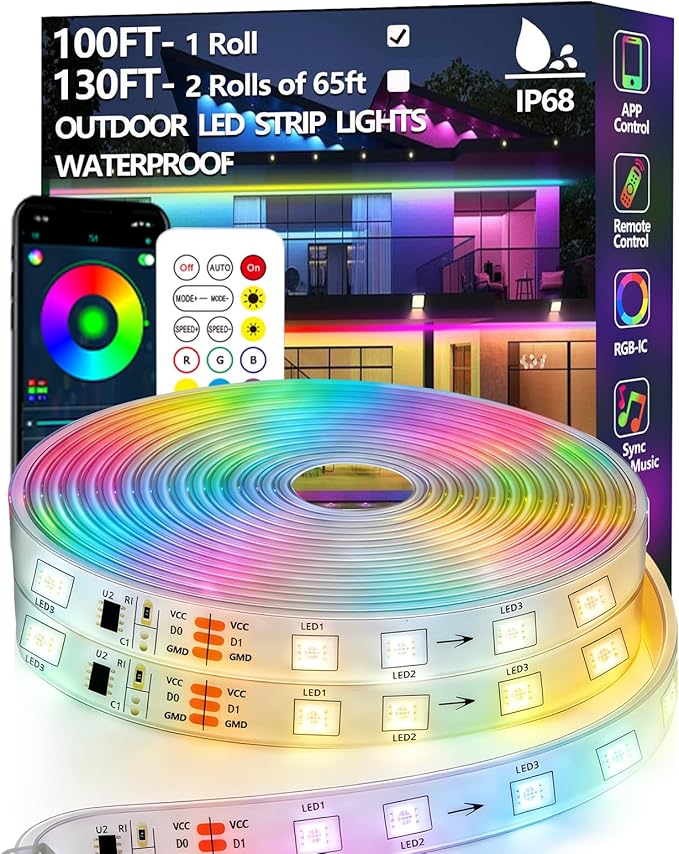 100FT Outdoor LED Strip Light Waterproof,IP68 Outside RGB+IC Light Strip with App/Remote Control,Chase Mode,Music Sync Rope Light for Balcony,Deck,Rooftop,Garden,Pool