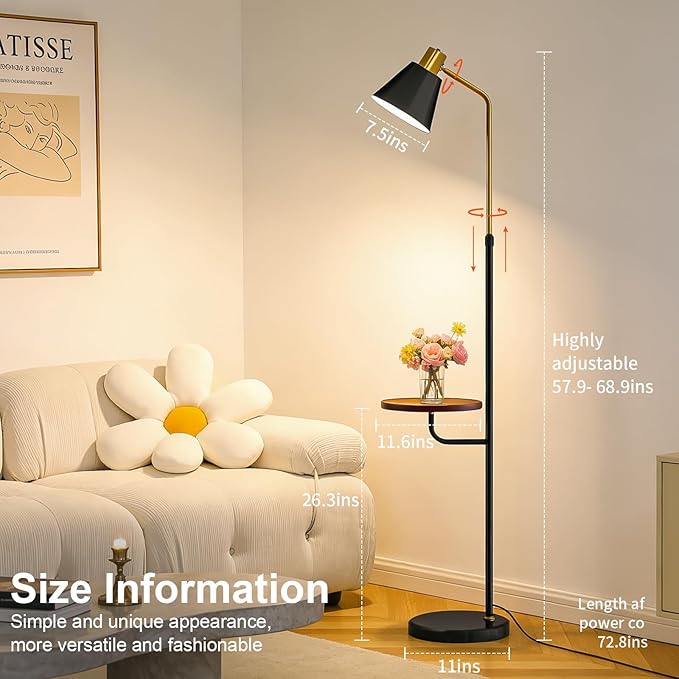 Black Floor Lamp with Walnut Side Table for Living Room Bedroom, Modern Standing Lamp 12W LED 3-Color Dimmable 3000K/4500K/6500K, Adjustable Reading Light with Shelf for Home Office Corner end
