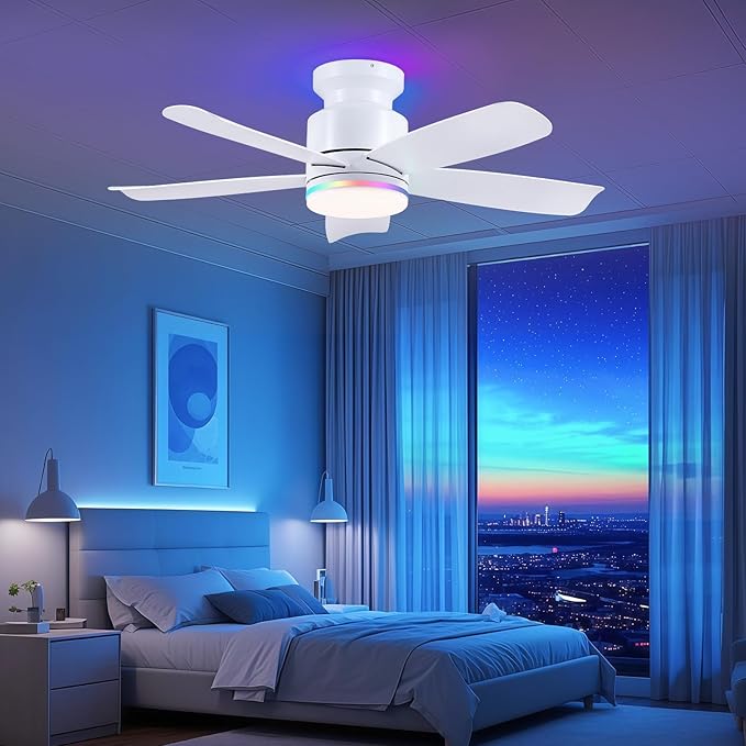 41 Inch White Flush Mount Ceiling Fans with RGB Lights, 5 Reversible Blades, 6-Speed 2H Timer, RGB & 3 CCT Dimmable, Remote & APP Control for Bedroom Living Room