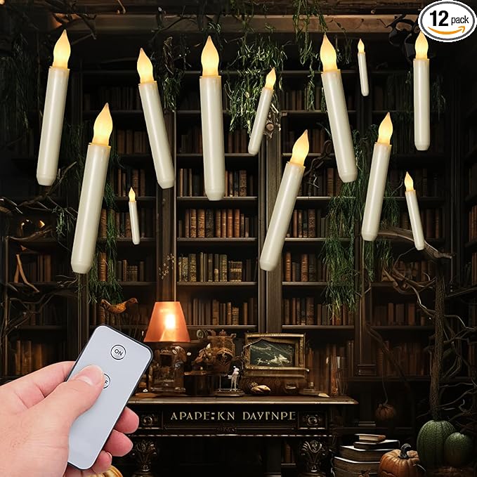 Homemory LED Batteries Operated Taper Candles with Remote, Flickering Light Flameless Taper Window Candle, Set of 12 Warm Yellow Fake Candles for Halloween, Church, Party