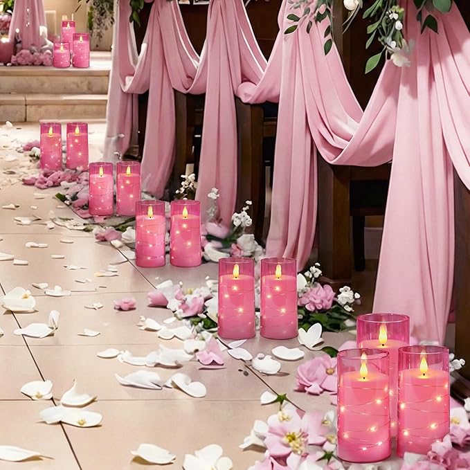 Homemory Flameless Candles with Embedded Star String Fairy Lights, Battery Operated Candles, LED Candle, Fake Candles with Remote Control and Timer, Pink, Set of 2(H 6" 6")