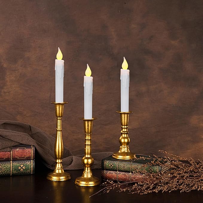 CVHOMEDECO. Flickering Taper Candles LED Drip Flameless Candles, Battery Operated with Timer, White, 6-3/4 Inch, Set of 3