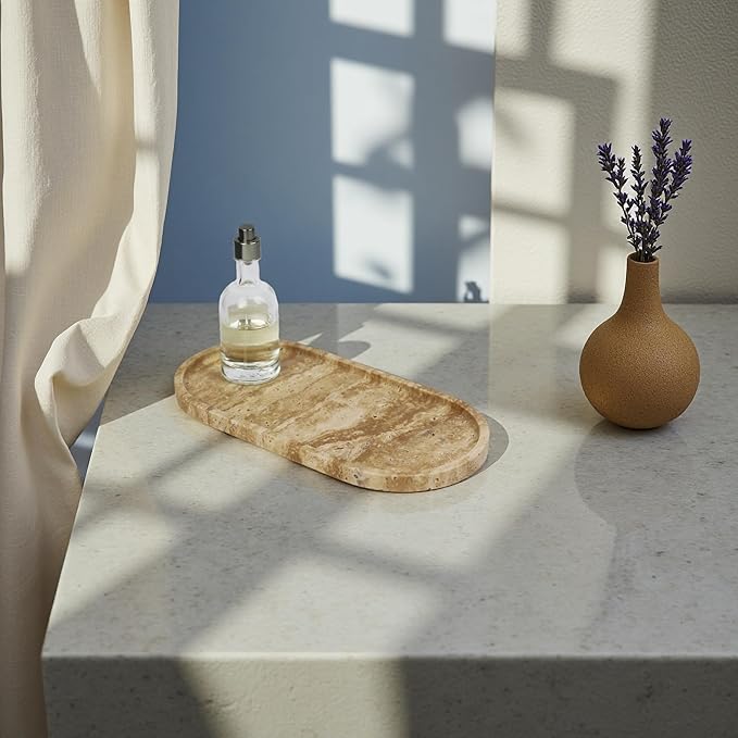 Marble Vanity Tray Organizer - 9.8"x5" Italy Natural Stone Decorative Tray，Jewelry, Perfume & Candle Display Tray，Bathroom Vanity, Dresser Top, Nightstand Decor