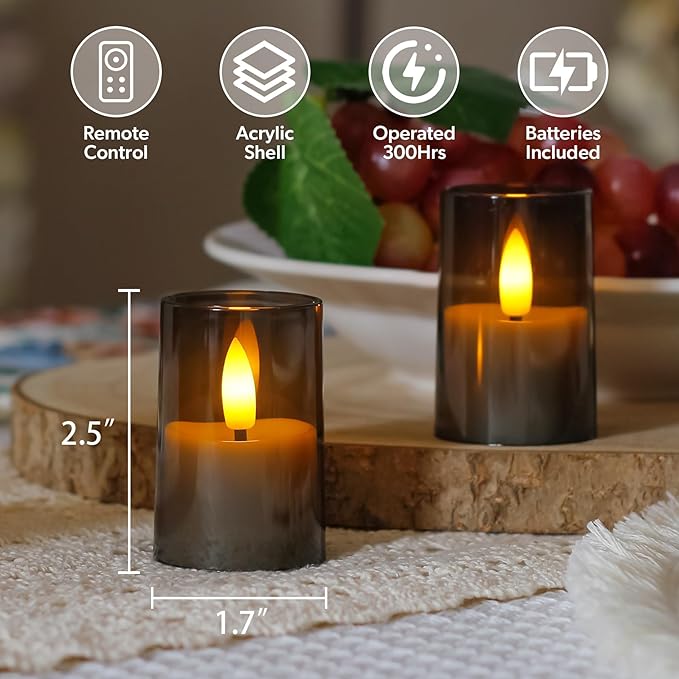Flameless Small Tea Light LED Candles, Acrylic Battery Operated Votive 1.7" x2.5" with Remote Control and Timer, Tealight Grey Flickering Warm Light Pack of 15 Electric Long Lasting