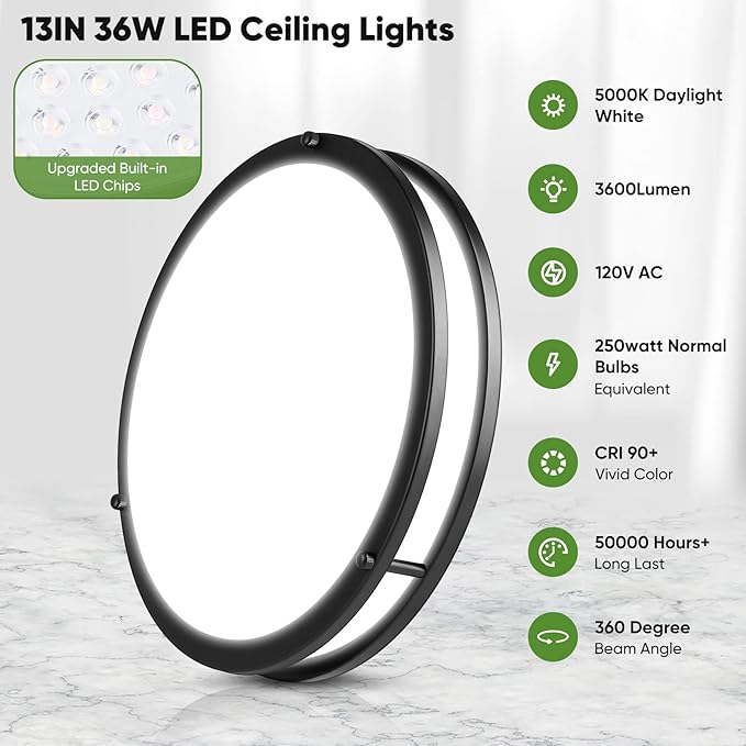 TOBUSA 36W 3600lm Super Bright LED Ceiling Light Fixtures, Modern Black Flush Mount LED Lights Daylight White 5000K, 13 Inch Dimmable Ceiling Lamps for Kitchen Bathroom Hallway Bedroom, 2 Packs