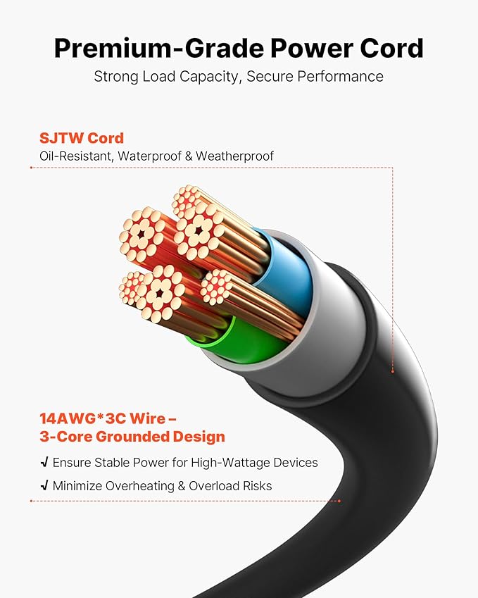 VEVOR Outdoor Power Stake Waterproof, 50 FT Extension Cord, Outdoor Power Strip, Weatherproof with Cover and Overload Protection, 6 Outlets, 15A/1875W for Halloween/Christmas Lights Decorations