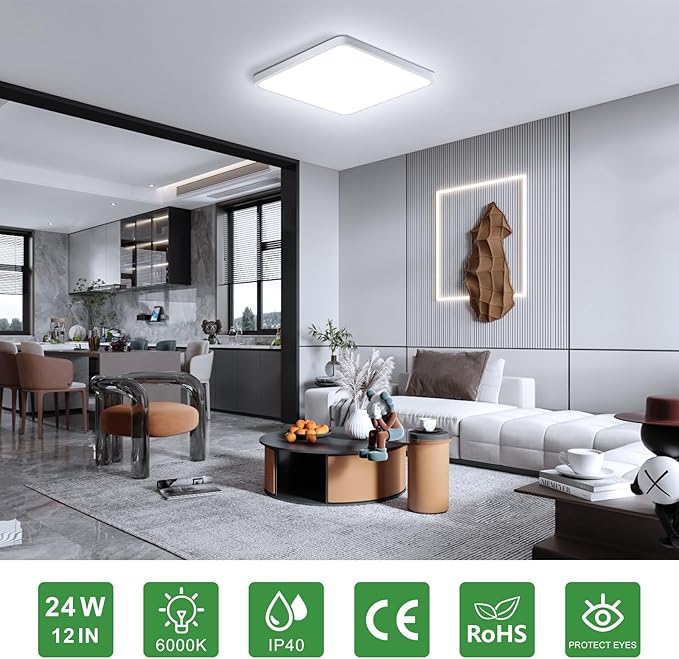 LightingWill 12Inch 24W Square LED Ceiling Light Fixtures, Flush Mount, Modern, White, 6000K Cold White, 3200LM, Kitchen, Bathroom, Bedroom