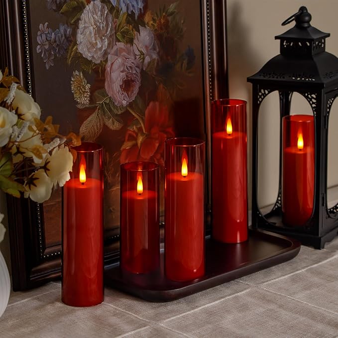 Acrylic Flameless Flickering Candles with Remote Control and Timer, Battery Operated LED Fake 2.2" x 5",6",7",8",8" Plastic Pillar Candles for Home Decor(Long-Lasting, Red)