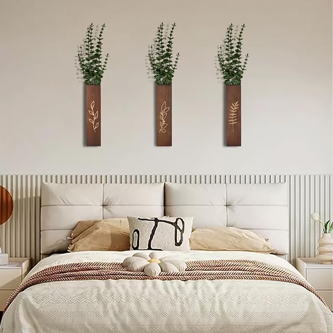 Wooden Wall Planter Set of 3 - Modern Home Decor for Living Room, Bedroom, Bathroom - Dark Brown Finish Planter for Dried Flowers, Faux Greenery, Indoor Plants