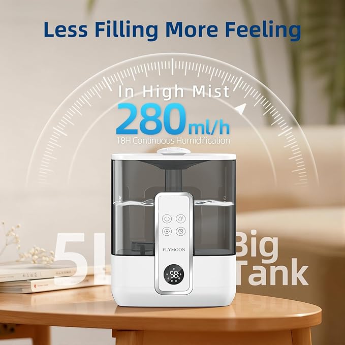 FLYMOON Humidifiers for Bedroom, 1.32 Gallon Top Fill Cool Mist Humidifiers for Large Room, 50H Runtime, 28 dB,12H Timer, App Control, Ultrasonic Humidifier for Plants, Baby, Indoor, Home, White