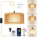 Hanging Lamp Plug in Pendant Light, 15FT Hanging Lights with Plug in Cord, Hanging Light with Bulb and Remote, Wood Shade Hanging Lamps for Bedroom, Living Room, Kitchen, Farmhouse