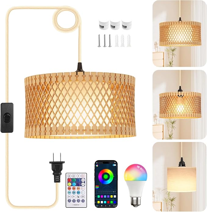 Hanging Lamp Plug in Pendant Light, 15FT Hanging Lights with Plug in Cord, Hanging Light with Bulb and Remote, Wood Shade Hanging Lamps for Bedroom, Living Room, Kitchen, Farmhouse