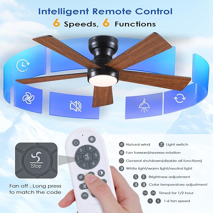 Ceiling Fans with Lights Flush Mount - 46in Low Profile Ceiling Fan Remote Control with 5 Dual-Sided Blades, Reversible 6 Speeds, Dimming & 2H Timing, Indoor Fan Light for Bedroom, Kitchen