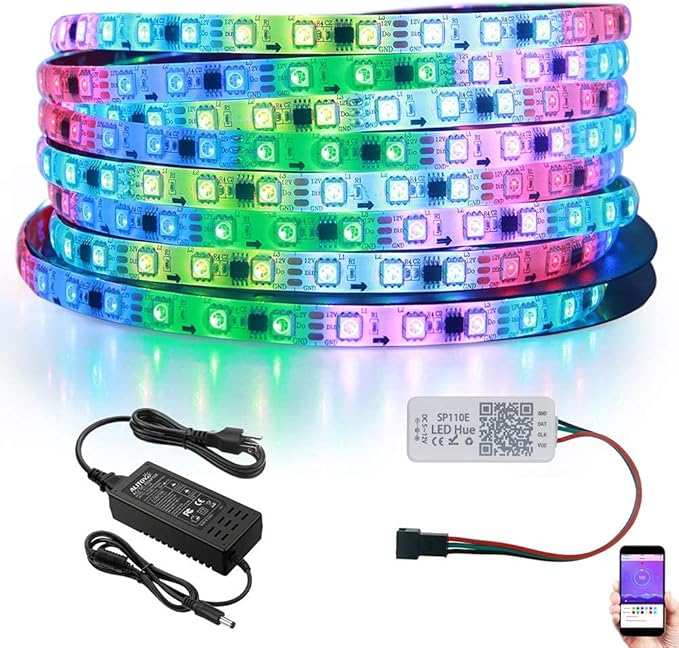 ALITOVE WS2811 Dream Color RGB LED Strip Lights Bluetooth App Control, 16.4ft 300 LEDs Addressable LED Light Strip with Bluetooth Controller and 12V Power Supply kit,120 Color Modes, Waterproof IP65