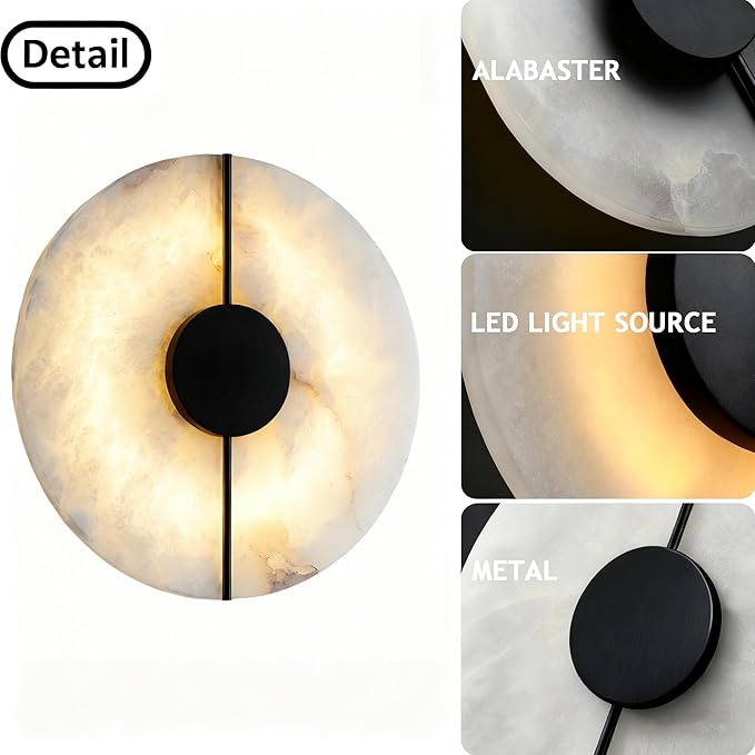 White Alabaster Wall Sconce Natural Marble Wall Sconce Vintage Gold Round Store Modern LED Wall Light Fixture Mid Century Wall Mounted Lamp for Bedroom Hallway Living Room Bathroom Kitchen