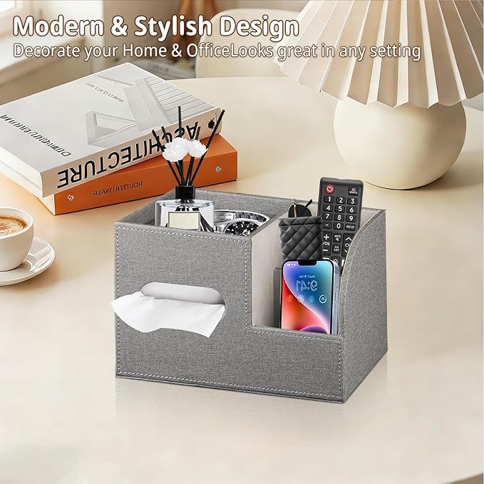 Leather Square Tissue Box Cover with Storage Tray,Cube Tissue Box Holder,Modern Facial Paper Organizer with Remote Control Holder for Bathroom,Vanity Countertop,End Table NightStand Home Office.Grey