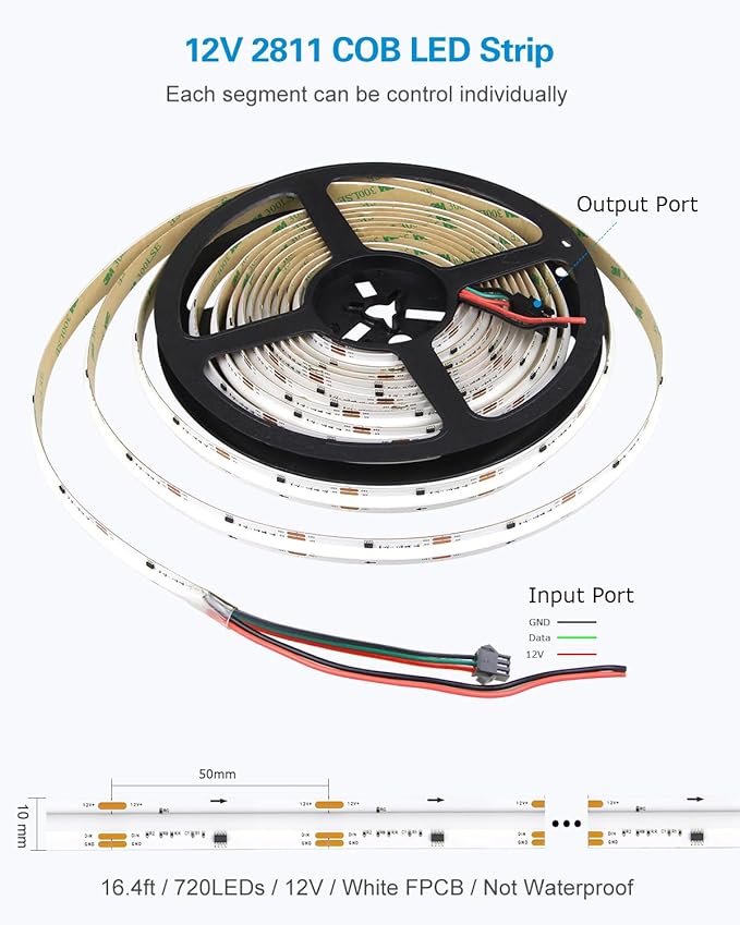 ALITOVE COB Led Strip Lights Addressable RGB IC WS2811 12V Led Lights Strip 16.4FT 3600LEDs Programmable Digital Flexible LED Pixel Rope Light for Bedroom TV Home Decor(No Power Supply & Controller)