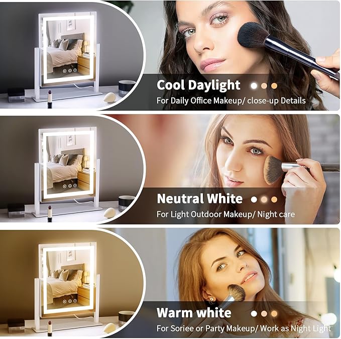 Lighted Makeup Mirror with Smart Touch, 3 Color Modes & Stepless Dimming, for Desk Bedroom Dressing Room, LED Vanity Mirror 13.2" H x 11.2" W