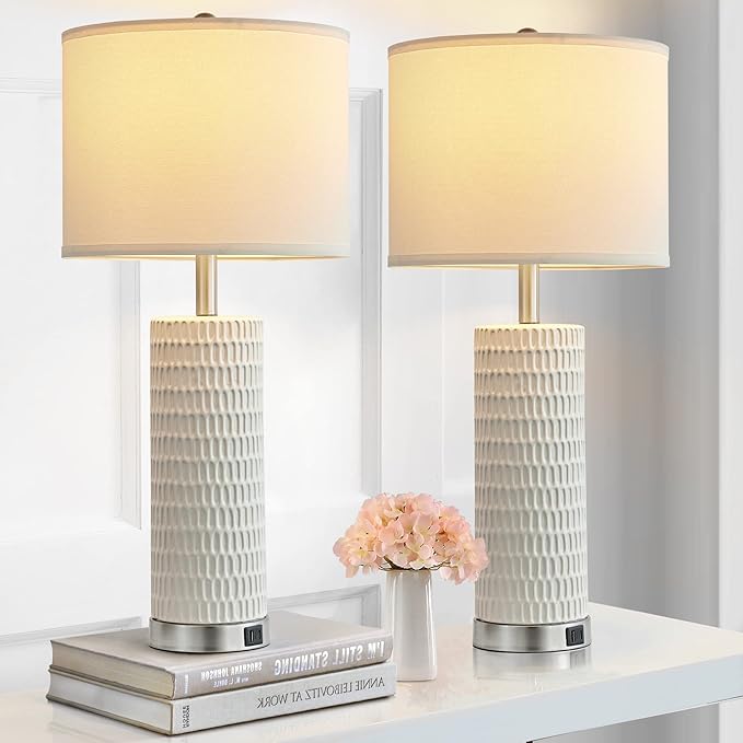 26.5" Ceramic Table Lamp Set of 2, 3 Way Dimmable Touch Control Table Lamp with 2 USB Charging Ports for Bedroom Living Room, Modern Nightstand Lamp End Table Lamps, Bulbs Included