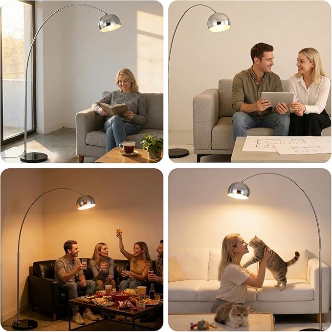 Floor Lamps for Living Room,80" Arc Floor Lamp,with Dimmer Adjustable Brightness,Modern Floor Lamp for Bedroom,Dining Rooms,Office,Corner Lamp with Chrome Bell Shaped Lampshade