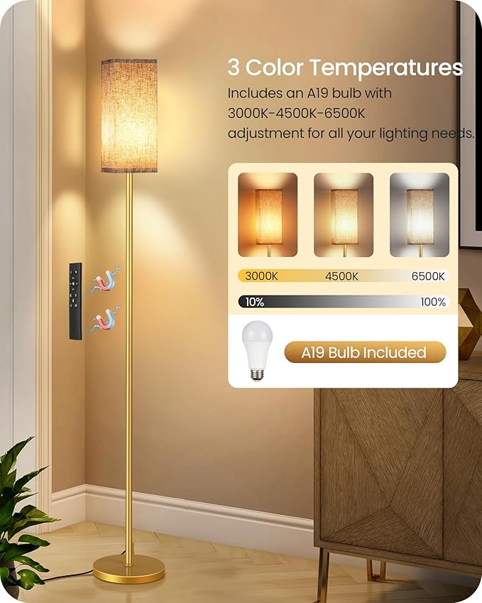 64.2” Dimmable Floor Lamp for Living Room with Remote and Foot Switch, Corner Floor Lamp for Bedroom, Includes 10W A19 Bulb, Modern Standing Tall Lamp, ETL Listed, Beige and Gold DE17LD05