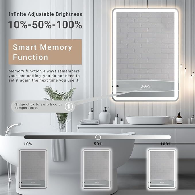 28"x 20" LED Bathroom Mirror with Stepless Dimmable, Backlight Wall Mirrors with Anti-Fog Bathroom Digital Mirror for Wall, 3 Color Modes, Memory Function Smart Mirror