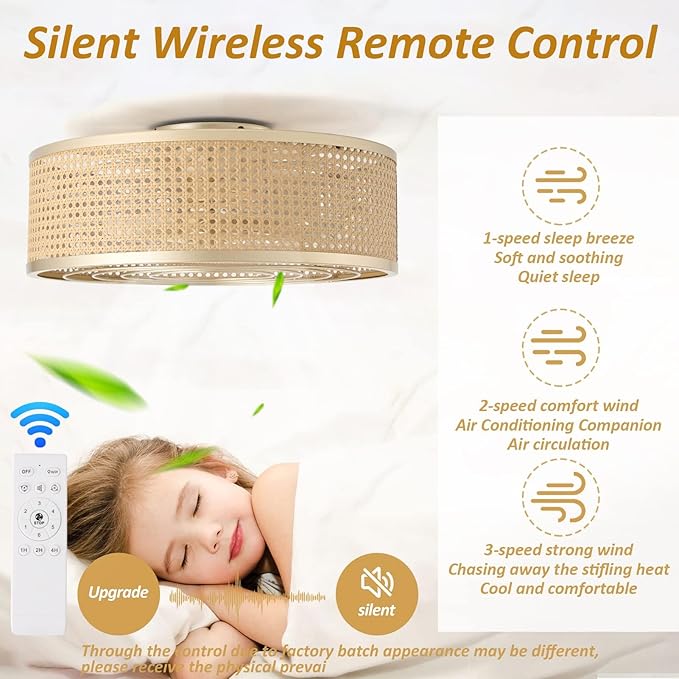 Boho Caged Ceiling Fan with Light, 20'' Rattan Flush Mount Ceiling Fan with Light and Remote Control for Bedroom Kitchen Living Room