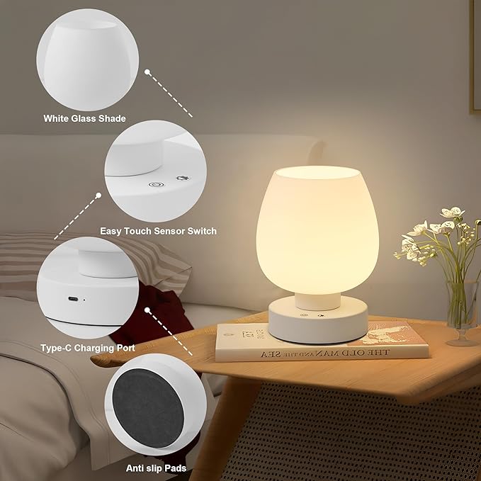 Cordless Touch Bedside Table Lamp, Rechargeable Battery Operated Desk Lamps with 8 RGB Colors, Dimmable Small Glass Nightstand Light for Living Room Bedroom Kitchen Counter
