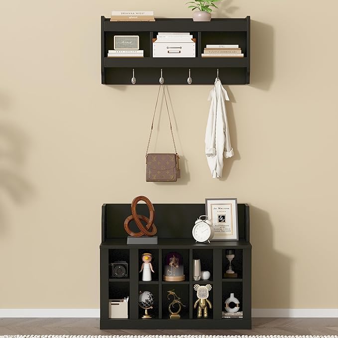 AMNOOL Modern Hall Tree with Shelves and 4 Hooks with Wall Mounted Coat Rack Shoe Storage Bench with Ten Storage Compartments Adjustable Shelves for Hallway, Foyer, Mud Room (Black)