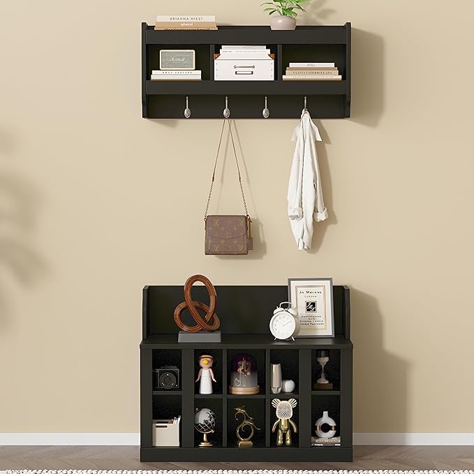 Multi-Functional Hall Tree with Wall Mounted Coat Rack, Shoe Storage Bench with Shelves and 4 Hooks, Entryway Organizer for Hallway, Foyer, Mudroom, Living Room (Black-52s)