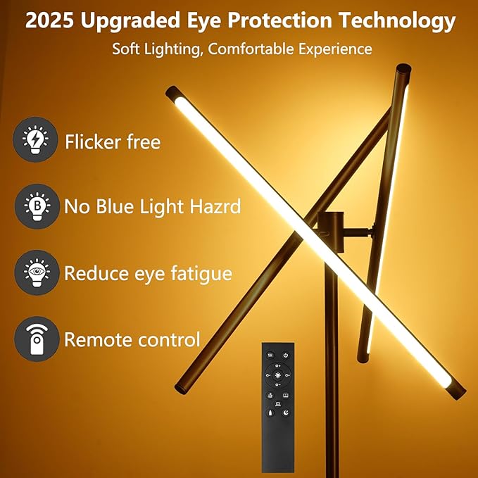 LED Dimmable Floor Lamp with Remote & Foot Switch, 2700–6000K Adjustable Color Temperature & Stepless Dimming, 3-Bar Linear Tall Standing Lamp, Slim Black Corner Floor Lamp for Living Room Bedroom
