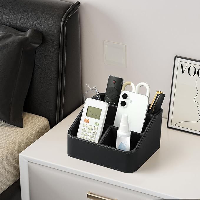 Remote Control Holder, PU Leather Small Desk Organizer with 4 Compartments, Nightstand Organizer Desk Caddy for Remote, Notepad, Phone, Glasses, and Accessories (Black)