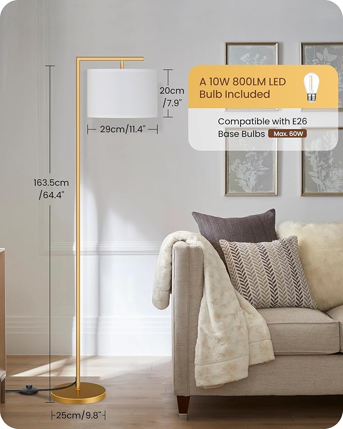 Gold Dimmable Floor Lamp, Modern Arc Lamp with Remote, Standing Corner Light with Lampshade, Tall Reading Lighting for Bedroom, Living Room, Office, Den, White, LED Bulb Included, DW11LD05