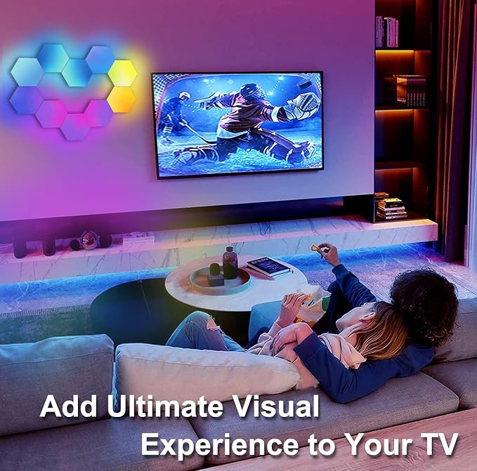 Amailtom Hexagon LED Lights, Smart RGB-IC Gaming LED Wall Lights App & Remote Control Music Sync, Hexagon Light Panels DIY Geometry Ambience Lighting for Gaming Room Bedroom Streaming, 10 Panels