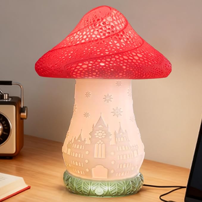 Mushroom Lamp, Battery Operated Bedside Lamp, 3-Way Dimmable Touch Lamp, Auto-Rotating Rechargeable LED Night Light for Bedroom, Living Room