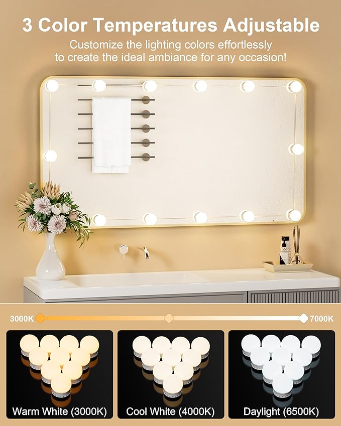 14 Bulbs LED Vanity Lights for Mirror, 3000K 4000K 6500K & 10-Brightness, Wire Length Adjustable, USB Cable, Hollywood Mirror Lights for Makeup Dressing Room Bathroom, White
