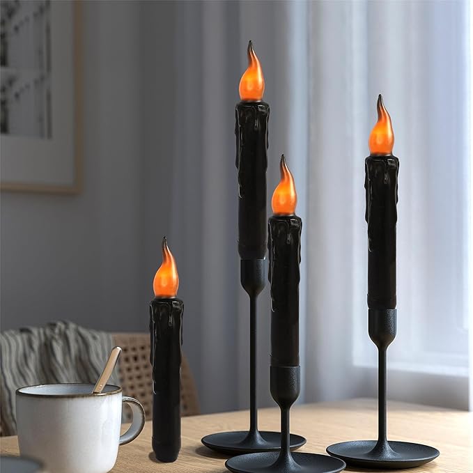 Black Candlesticks Flameless Taper Candle, 4pcs Real Wax LED Tapered Candles Remote Dipped Candle 6inches Battery Chandelier for Enchanting Weddings Harry Potter Inspired Vigils,B