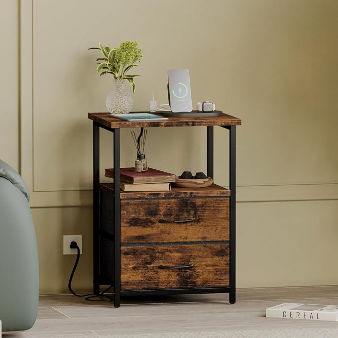 Fixwal Night Stand with Charger Station, Nightstand with Charging Station & Fabric Drawers，Rustic Brown