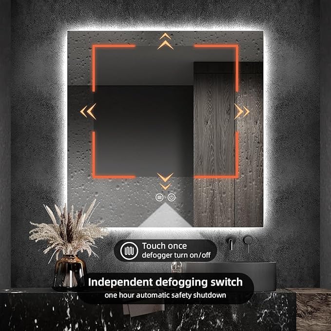 Backlit LED Bathroom Mirror, Infrared Motion Sensor Vanity Mirror with 3-Color Lights, Stepless Dimmable Wall Lighted Mirror with Anti-Fog, Memory, Rectangular (36" H x 36" W)