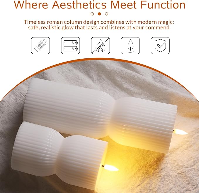 White Ribbed Flameless Pillar Candles with Remote, Real Wax Flickering Battery LED Candles Set of 2